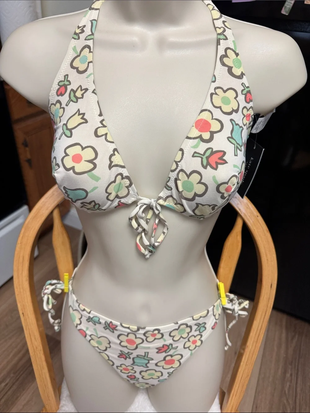KATE SPADE NWT L cream Floral UNLINED NO PADDING NUDIST TYPE SEXY Bikini SET